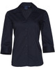 A women's black Teflon button-up shirt with 3/4 sleeves and a collar, featuring a logo.