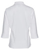 A white women's button-up shirt with 3/4 sleeves, featuring a back view and a simple design.