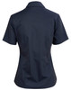 A navy blue short sleeve button-up shirt with a fitted design and a collar. Features a logo on the back.