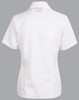 A white short sleeve button-up shirt with a fitted design and a collar, featuring a logo.