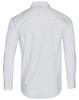 A white long sleeve button-up shirt with a smooth finish and a collar, featuring a logo.