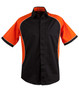 Men's short-sleeve button-up shirt in black with orange tri-colour contrast and a pocket on the front. Features a logo.