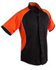 A black button-up shirt with orange contrast sleeves and white piping. It features a logo on the chest.