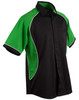 A black button-up shirt with green contrast panels and white piping. It has a pocket on the front and features a logo.
