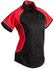 A women's button-up shirt featuring a contrast design in black and red, with a logo on it.