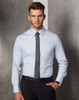 A long sleeve button-up shirt in light blue with stripes, featuring a pocket and a classic collar.