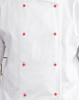 A white chef's jacket featuring red exchangeable buttons along the front. It has a simple, clean design.