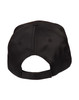 A black polycotton twill cap featuring a rear opening and an adjustable strap. Includes a logo on the back.