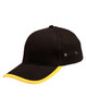 A black cap with a yellow peak, featuring metal eyelets and a curved brim. It has a logo on the front.