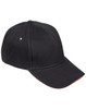 A black cap with a curved brim and a small logo tag. Features include metal eyelets for ventilation.