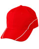A red cap featuring contrast lining and a logo. The cap has a curved brim and ventilation holes.