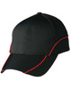 A black cap with red contrast lining, featuring a structured front and ventilation holes. Includes a logo.