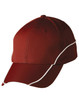 A red cap with contrast white lining, featuring a curved brim and a branding logo.