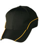 A black cap with contrast yellow lining, featuring a raised brim and an adjustable strap at the back. It includes a logo.