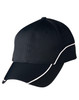 A black cap featuring contrast lining along the seams and a curved peak, designed with a logo.