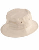 A soft washed bucket hat in a cream colour, featuring a rounded crown and a wide brim. It has metal eyelets and a logo.