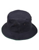 A navy bucket hat with a contrast trim, featuring metal eyelets for ventilation and a simple design.
