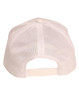 A white cap with mesh detailing at the back, featuring an adjustable strap and a logo on the side.