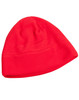 A red fleece beanie with a snug fit and a simple design. It features a branding logo.