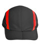 A black cap with red stripes on the sides and a logo on the front.