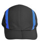 A foldable cap in black with blue stripes, featuring a logo on the front.