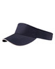 A navy twill visor with a wide brim and a contrasting trim, featuring a logo on the front.