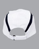 A white cap with navy accents at the back, featuring an adjustable strap and branding.