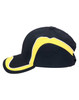A black cap with yellow accents and a curved design, featuring a logo on the side.