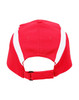 A red cap with white panels and an adjustable strap at the back. It features a branding logo.