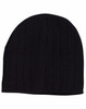 A black cable knit beanie featuring a fleece headband, showing a textured design and a snug fit.
