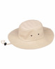 A beige bucket hat with eyelet vents and a pull cord for an adjustable fit. It features a logo on the side.