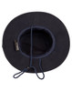 A navy blue brim and bucket hat with a drawstring, featuring an inner lining and a logo.