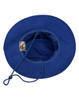 A blue brimmed surf hat with a drawstring and interior lining visible. It features a small logo.