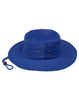 A blue brimmed hat with eyelets and an adjustable drawstring. Features a round crown and wide brim.
