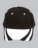 A black and red cap featuring contrasting design elements and a logo on the side.