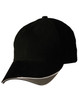 A black cap with a grey peak and a logo on the front. It features ventilation holes on the top.