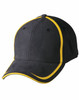 A black cap with yellow contrast trim and stitching, featuring a logo on the front.