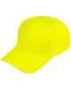 A bright yellow cap with a structured design and a curved brim, featuring a logo on the front.