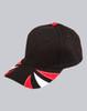A black cap featuring tri-colour red, white, and black design elements, with a logo at the front.