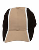 A tri-colour baseball cap featuring black, tan, and white panels, with a logo on the front.