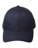 A navy blue cotton twill trucker cap with a mesh back and a logo on the front.