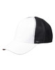 A black and white Premium Cotton Twill Trucker Cap with a solid front and mesh back, featuring a logo.
