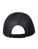 A black Premium Cotton Twill Trucker Cap featuring a mesh back and adjustable strap. It has a logo on it.