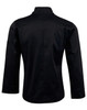 A long sleeve black chef's jacket with a high collar and a side pocket. It features a logo on one sleeve.