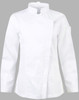 A white ladies' functional chef jacket with a mandarin collar and a sleeve pocket. Features include a stylish asymmetric design.