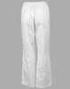 White chef's pants with an elastic waistband and a back pocket. The trousers feature a straight-leg design.