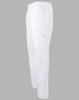 White chef pants with a relaxed fit and side pockets, featuring an elastic waistband and a branding logo.