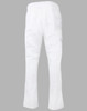Men's functional chef pants in white, featuring an elastic waistband and side pockets. The design includes a logo.