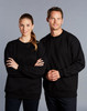 A black crewneck sweatshirt worn by a woman and a man, featuring a simple design and a logo.