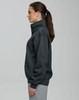 A grey 1/2 zip collar fleecy jumper displayed on a model from the side, featuring a smooth fabric and a logo.